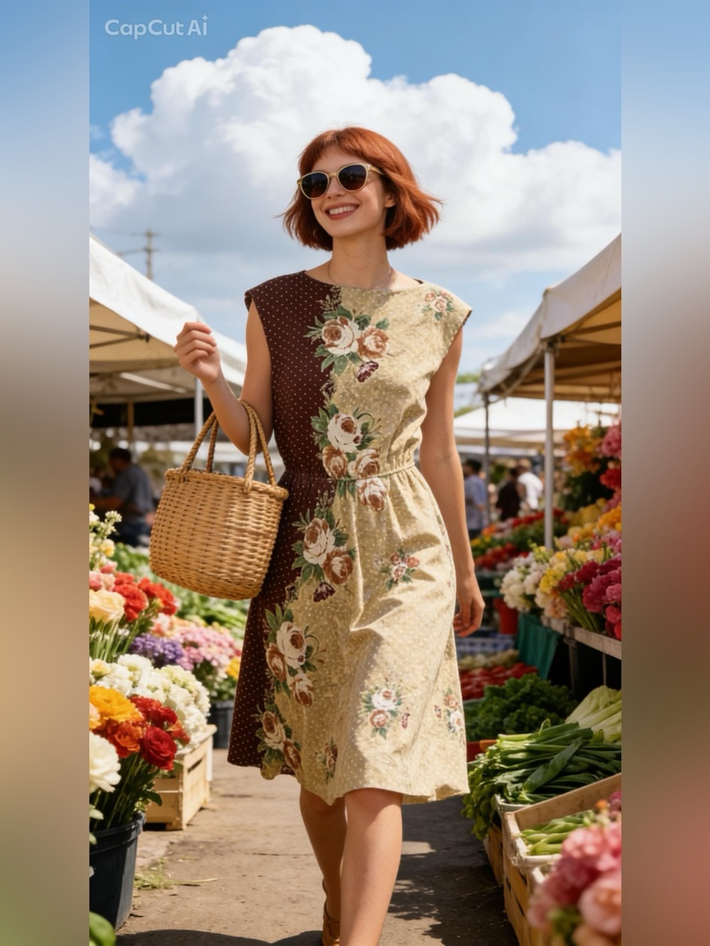 70’s Cream and Brown Floral Swiss Dot Dress
